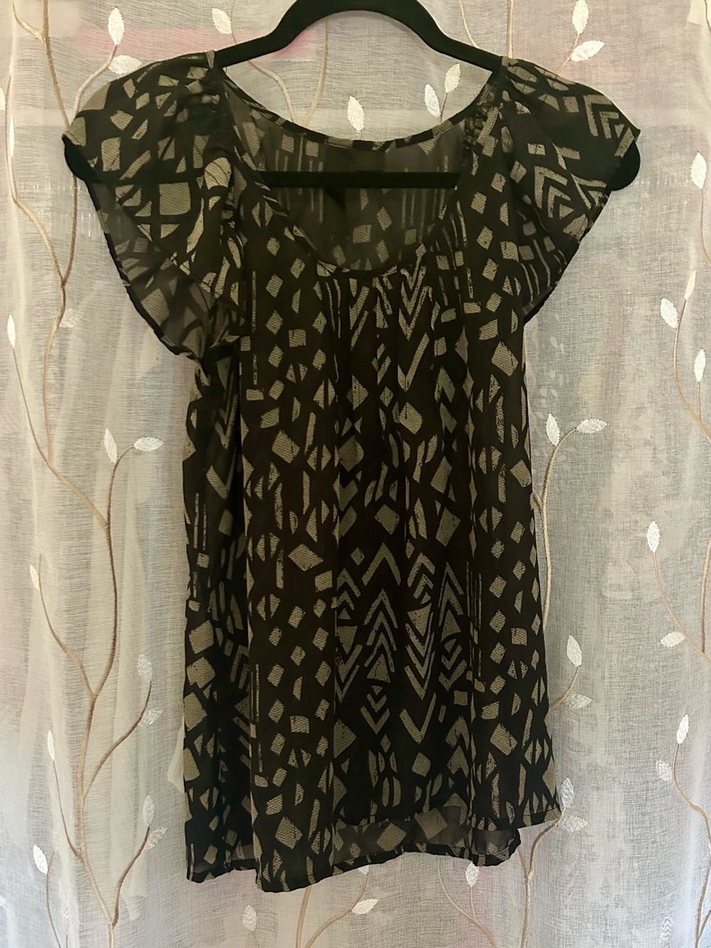Black Patterned Flutter Sleeve Chiffon Top
